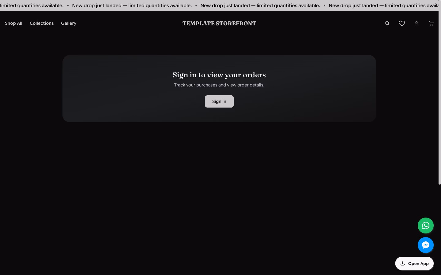 Storefront 001 account orders page — sign-in prompt for order history and tracking