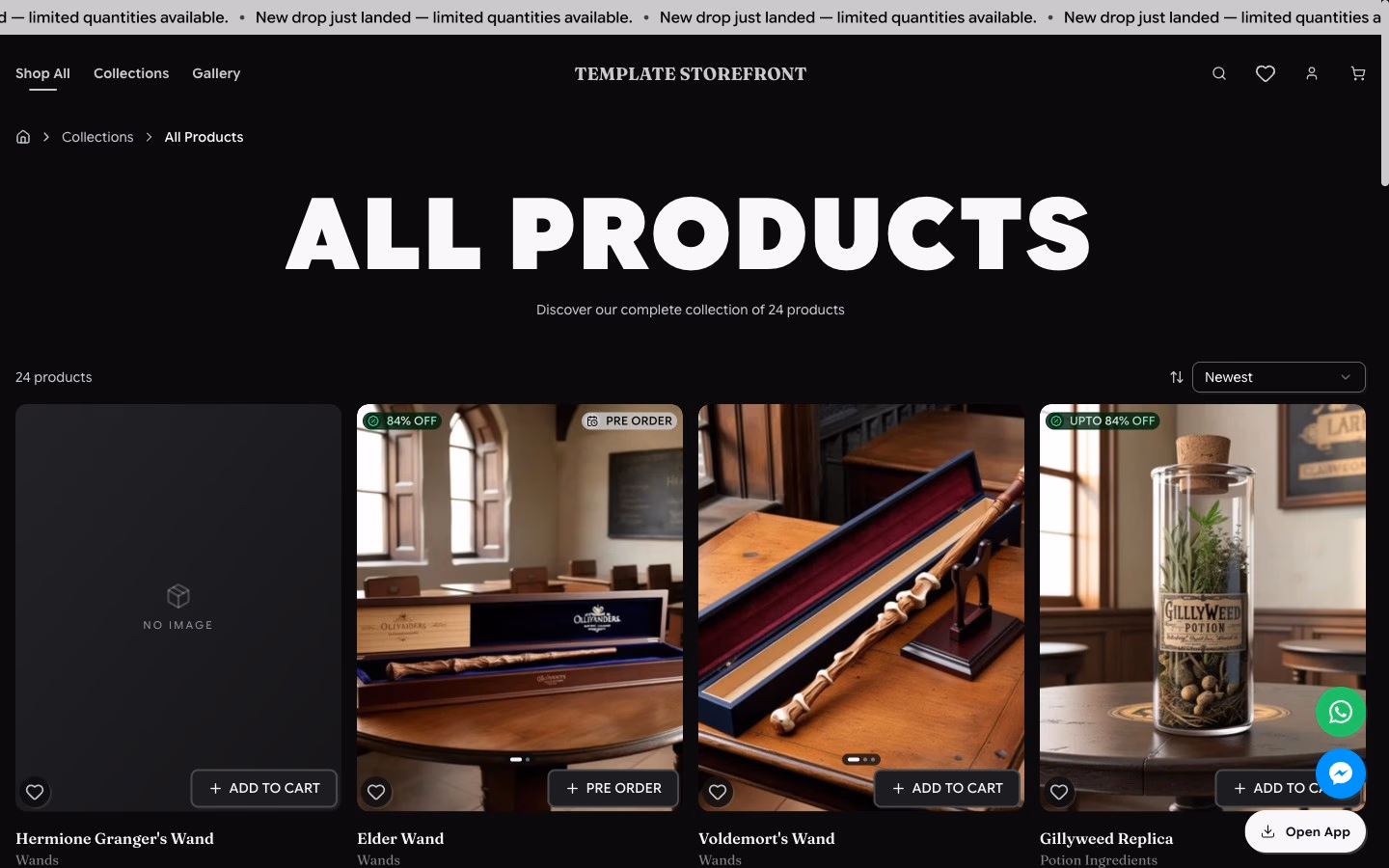 Storefront 001 all products collection page — bold header with product grid and sort controls