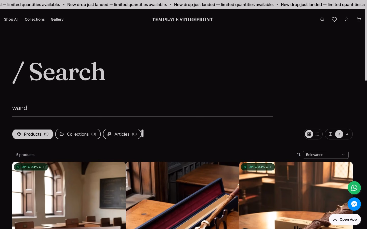 Storefront 001 search results page — tabbed results with products, collections, and articles