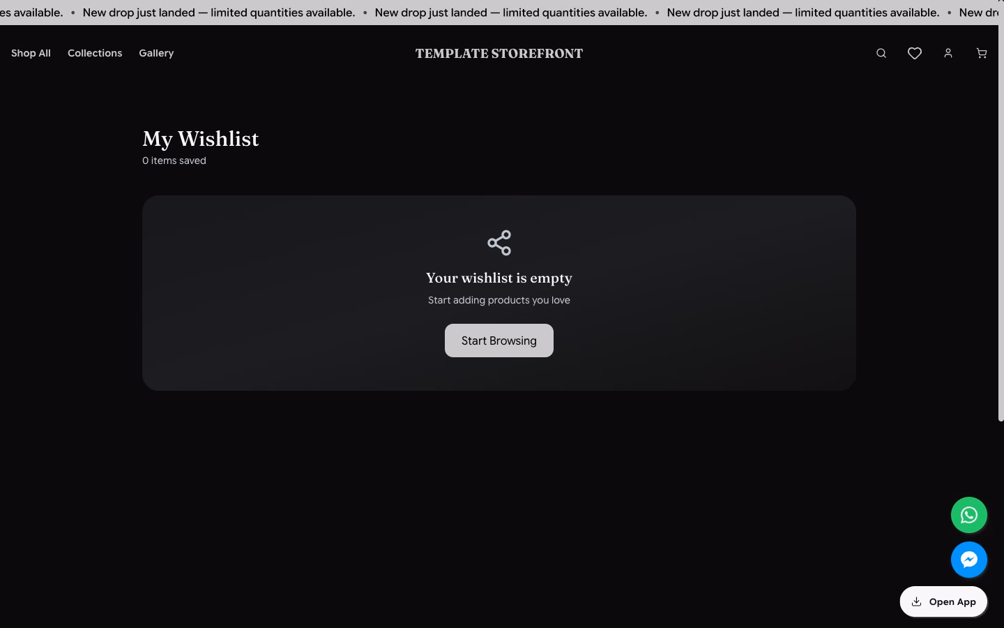 Storefront 001 wishlist page — saved products with continue shopping prompt