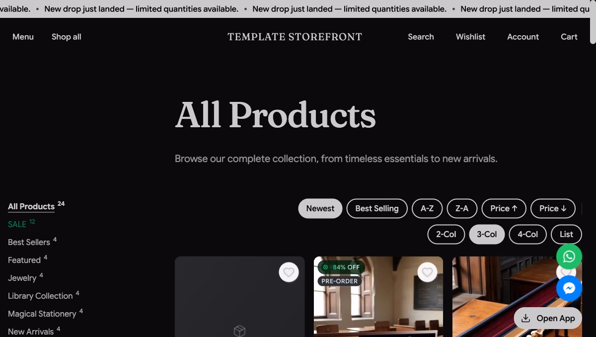Storefront 002 all products collection page — editorial heading with sidebar filters and product grid