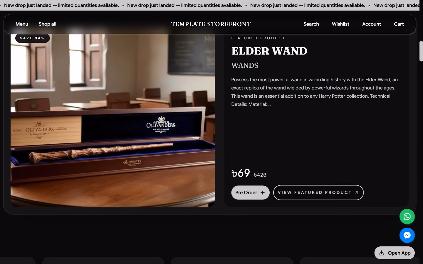 Storefront 002 homepage featured product module — editorial spotlight with pre-order and view product CTAs