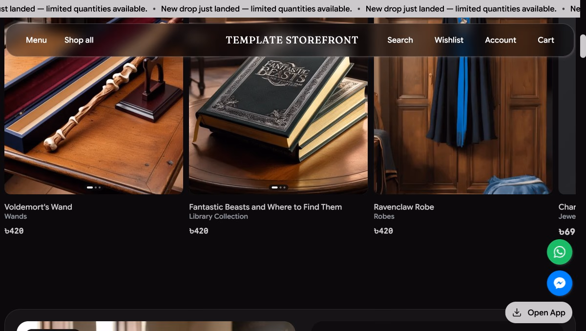 Storefront 002 homepage featured products rail — editorial product cards with pricing