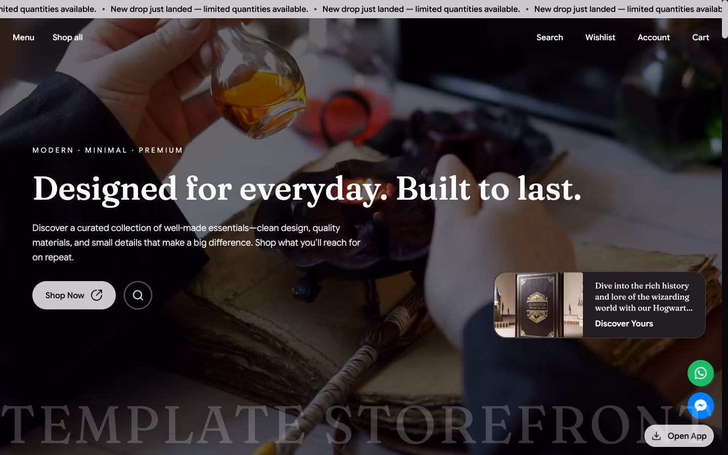 Storefront 002 homepage hero — editorial layout with serif typography and product discovery card