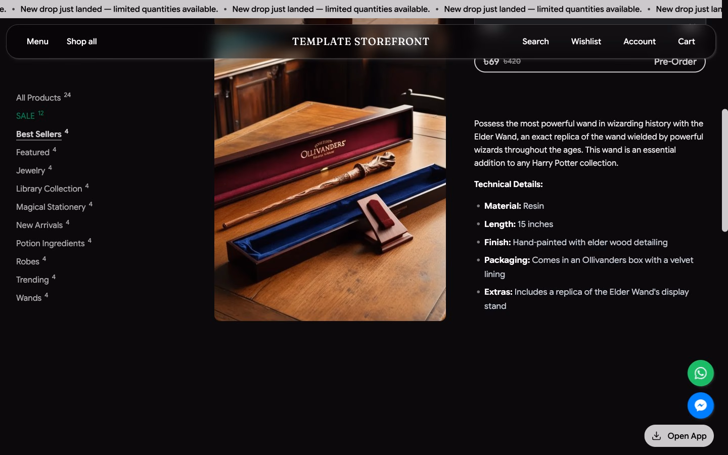 Storefront 002 product detail scrolled — sidebar collection list with product description and technical specs