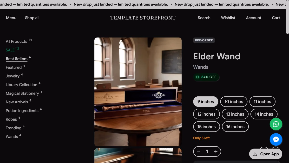 Storefront 002 product detail page — sidebar category navigation with large product image and variant pills