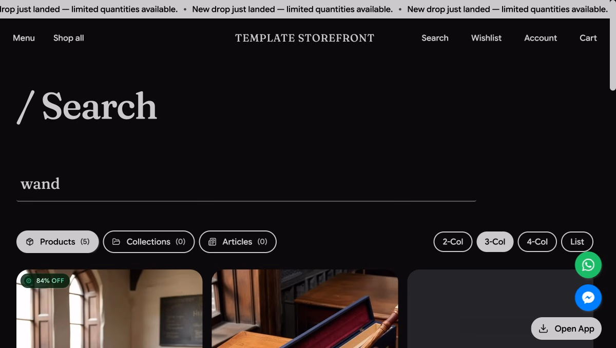 Storefront 002 search results page — minimal search layout with product and collection tabs