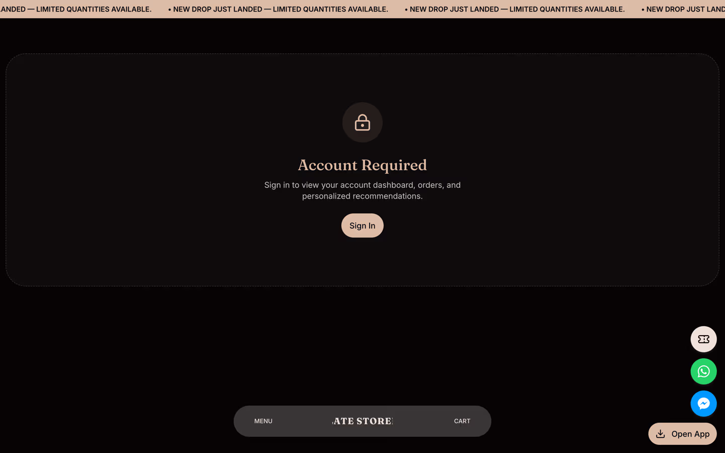 Storefront 003 account page — warm sign-in prompt for orders and personalized recommendations