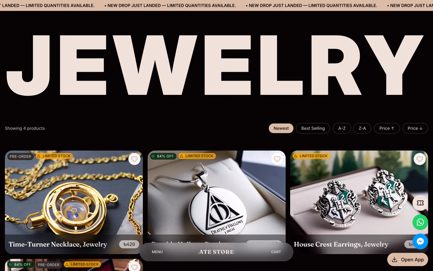 Storefront 003 collection page — giant auto-fit editorial title with a warm product grid, discount badges, and price pills