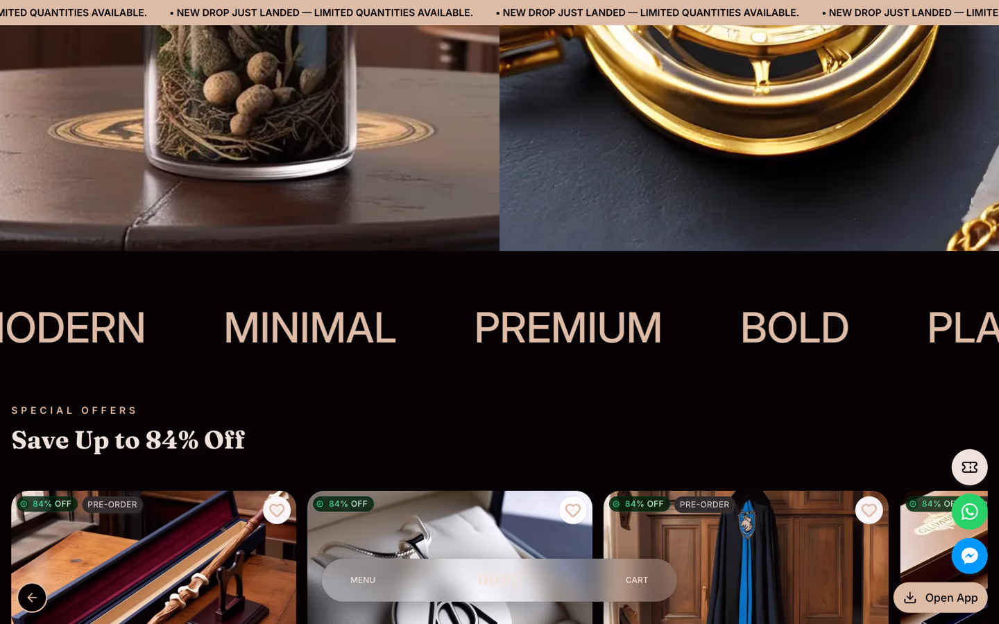 Storefront 003 homepage merchandising rails — discounted products and spotlight collection tabs in warm editorial cards