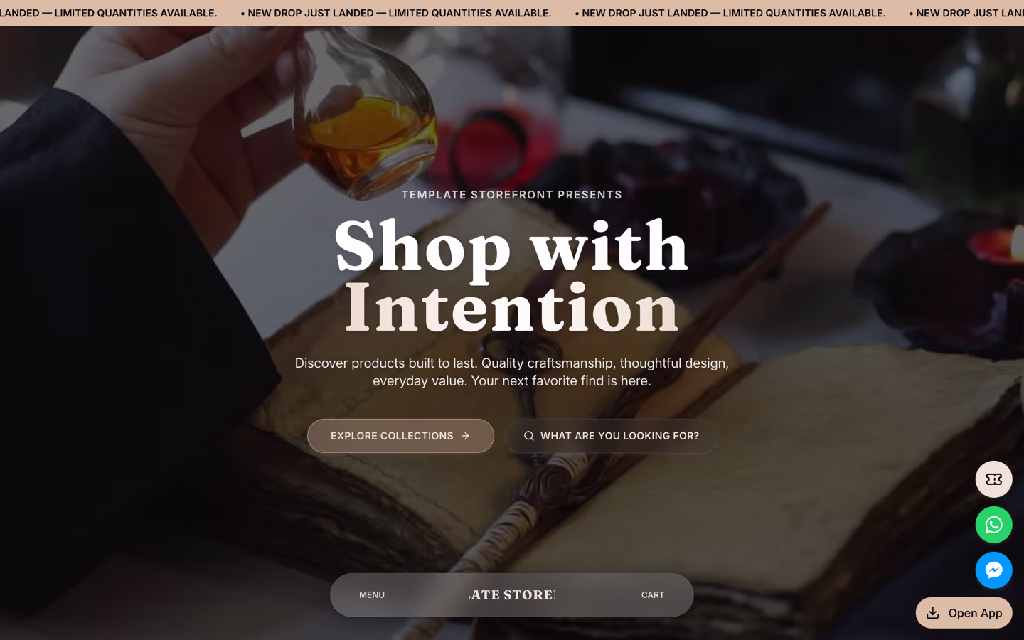 Storefront 003 homepage hero — full-bleed fragrance imagery with warm serif headline and floating glass navigation pill