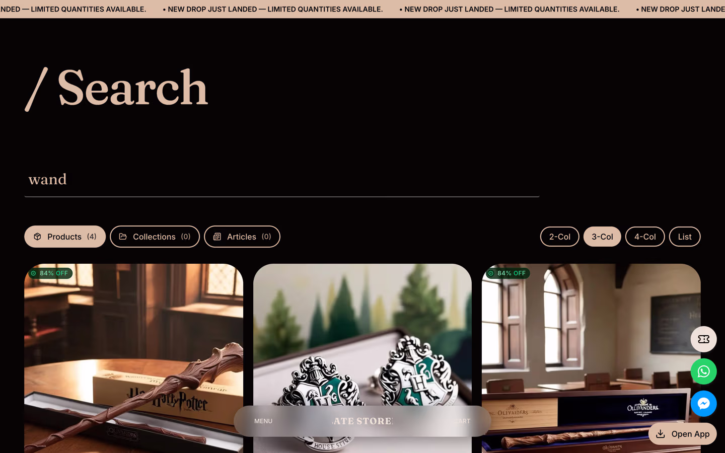 Storefront 003 search results — warm product grid with editorial typography