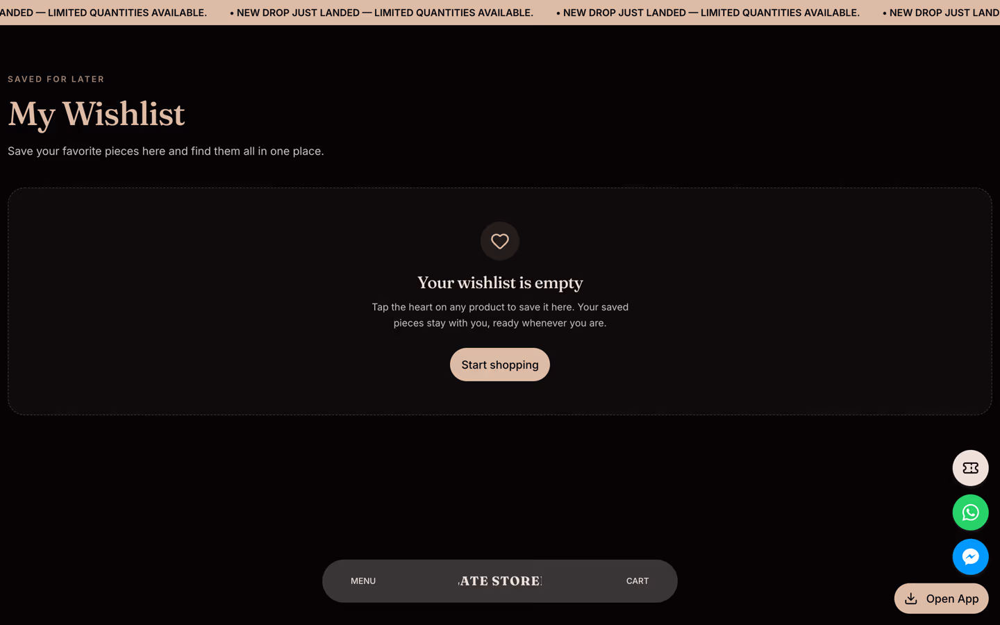 Storefront 003 wishlist page — saved products with warm boutique styling